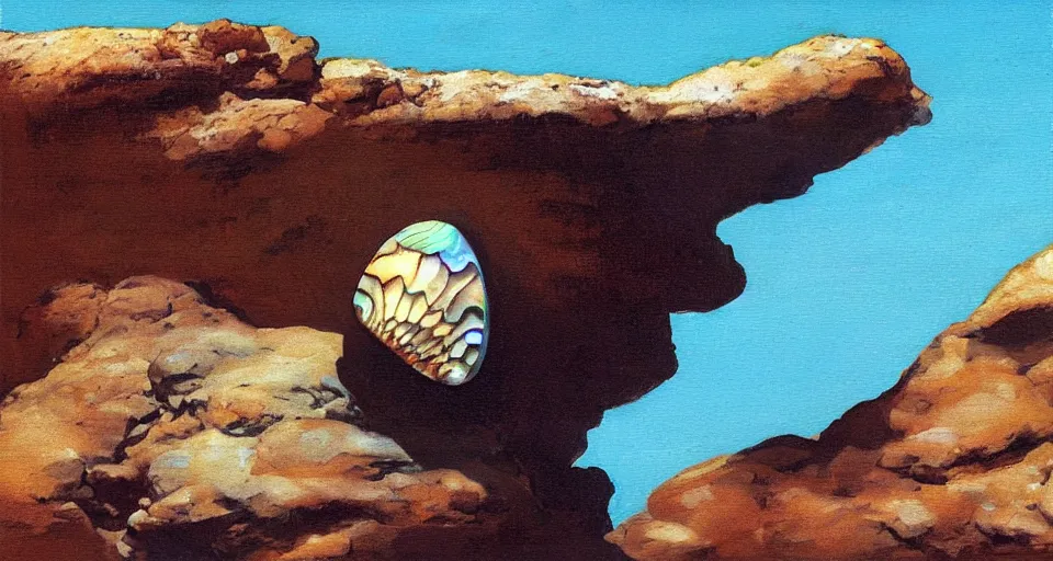 Image similar to oil painting of a tiny abalone seashell house on top of a rock, by roger dean, syd mead, cell, concept art, minimalist, cinematic color scheme