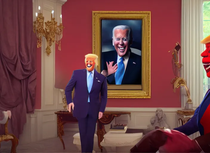 Prompt: Beautiful art portrait of Joe Biden acting as Clown buffoon in the Whitehouse with Donald Trump laughing in the background, unreal 5, DAZ, hyperrealistic, octane render dynamic lighting, vray