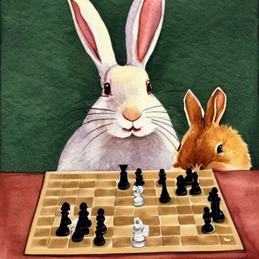 Image similar to a rabbit playing chess, seen from the opponents point of view, watercolour realism