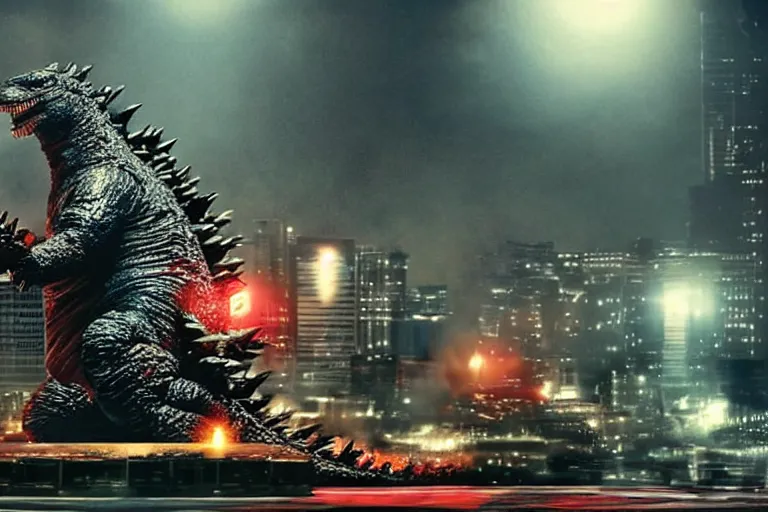 Prompt: godzilla playing the drumset, sitting on the drums, godzilla drummer, rock music, concert lights, in the middle of tokyo, dynamic photo, still shot from the new godzilla movie