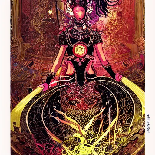 Image similar to jisoo + blackpink + elements + red + gold + neon + baroque + rococo + white + orange + ink + tarot card, ornate + by marc simonetti, paul pope, peter mohrbacher, detailed, intricate ink illustration + damask + award winning + 8 k