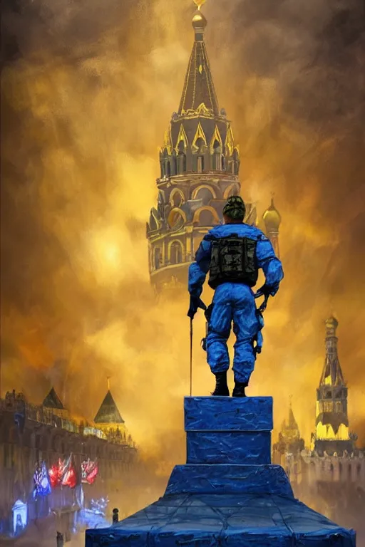 Image similar to special forces soldier installin ukrainian blue and yellow flag on red square kremlin, masculine figure, d & d, fantasy, bright atmosphere, volumetric lights, intricate, elegant, extremely detailed, digital painting, artstation, concept art, matte, smooth, sharp focus, hyper realistic, illustration, art by artgerm and greg rutkowski and alphonse mucha