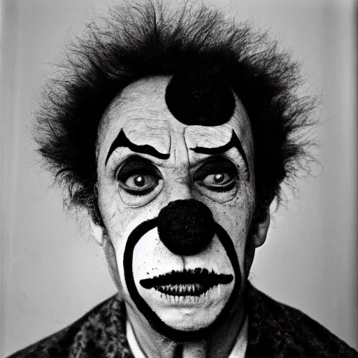 Image similar to portrait of clown by Diane Arbus, 50mm