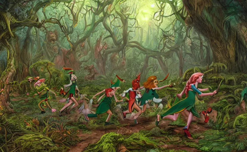 Image similar to a scene of cartoon elves running through a clearing in a dark fantasy forest surrounded by darkness and monster trees. hyperrealist illustration. muted colors. 1 9 7 0's pulp science fiction and fantasy cartoon for alice in wonderland and wizard of oz. highly detailed and richly colored painting by don ivan punchatz and basil gogos. trending on artstation