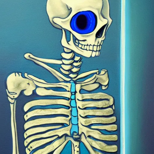 Image similar to skeleton with blue glowing eye, painting