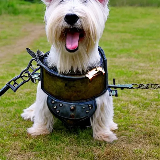 Image similar to west highland terrier dressed in iron armour with a gun attached to his head. gun on the head of westy.