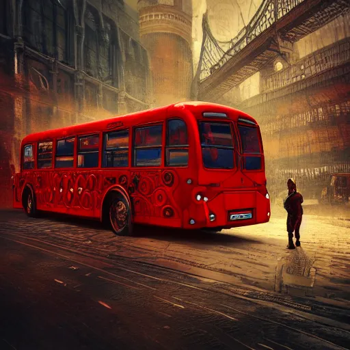 Image similar to mythical red organic biomechanical london bus. futuristic. blue blurry background. highly detailed, intricate steampunk ornate, poetic, 3 d render, digital art, octane render, 8 k artistic photography, photorealistic.