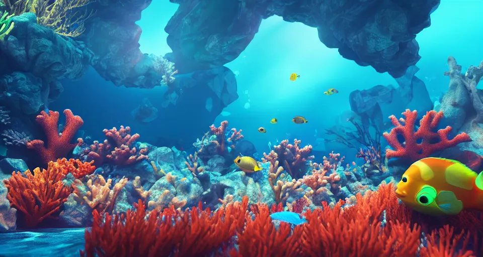 Prompt: underwater, corals, colorful fishes, atmospheric, dof, crystal water, wide angle, volumetric dynamic lighting, ethereal, very coherent composition, masterpiece, octane render, god rays, rtx on, trending on cgsociety and artstation