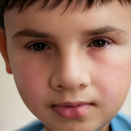 Image similar to closeup portrait of 9 year old boy, thick lips, pink face, thin eyebrows, short light brown hair