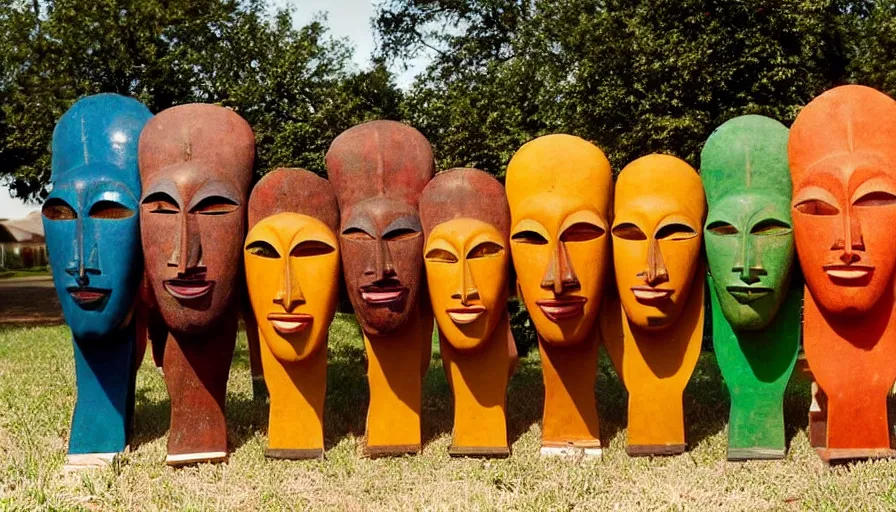 Prompt: a restored photography of a ( ( ( collection ) ) ) of ( ( ( ( ( ( ( ( ( ( african masks ) ) ) ) ) ) ) ) ) ), ( ( ( ( ( ( ( fauvisme ) ) ) ) ) ) ), in the style of memphis design, outdoor, neo modernism, 1 9 2 0, bright colors, documentary