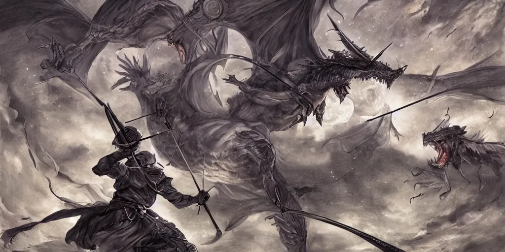 Prompt: korean archer fighting a dragon. the moon is in the sky. there is a river between the dragon and the archer. dark fantasy. high resolution. detailed. digital art. dark fantasy. kentaro miura.