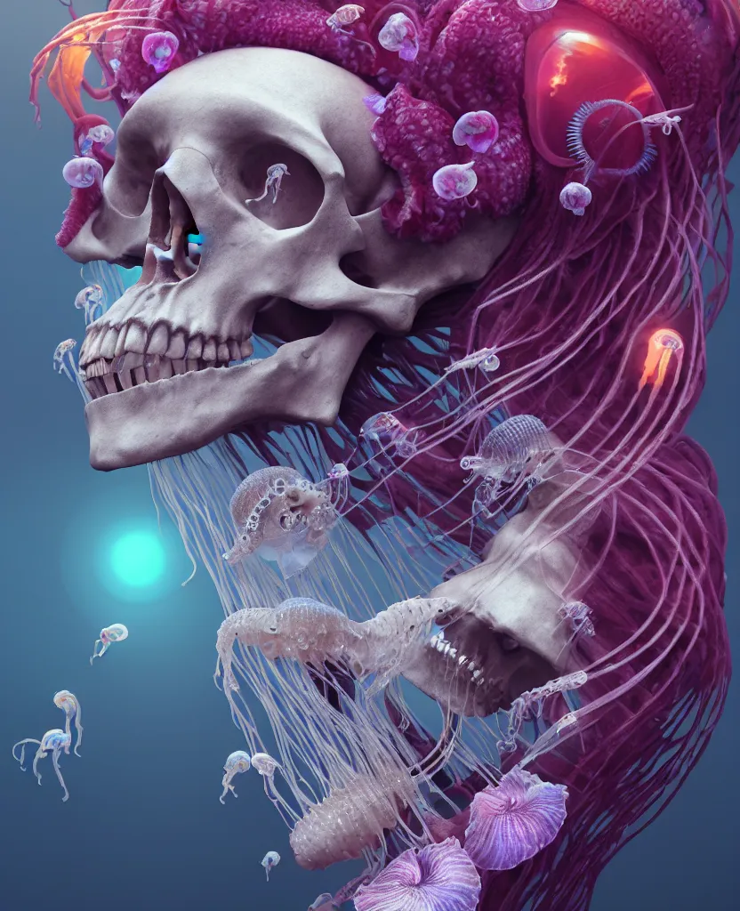 Image similar to goddess close - up portrait human skeleton, ram skull, jellyfish, orchid, betta fish, bioluminiscent, intricate artwork by tooth wu and wlop and beeple. octane render, trending on artstation, greg rutkowski very coherent symmetrical artwork. cinematic, hyper realism, high detail, octane render, 8 k