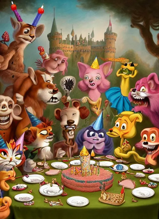 Prompt: highly detailed group closeup portrait of max fleischer cartoon animals having a birthday party banquet in a castle, unreal engine, max fleischer, nicoletta ceccoli, mark ryden, earl norem, lostfish, global illumination, god rays, detailed and intricate environment