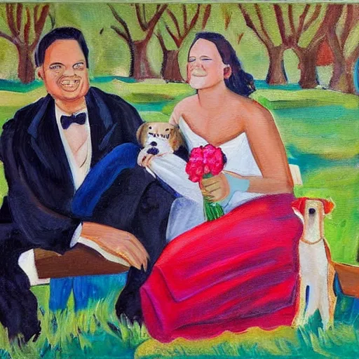 Image similar to a painting of a couple that has just been married, with their little dog beside them on a beautiful sunny day