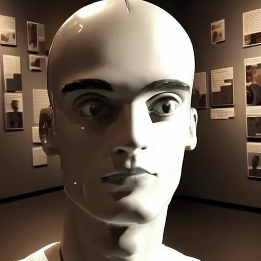 Image similar to “ a realistic detailed photo of a guy who is an attractive humanoid who is half robot and half humanoid, who is a male android, soccer player antoine griezmann, shiny skin, posing like a statue, blank stare, at the museum, on display ”