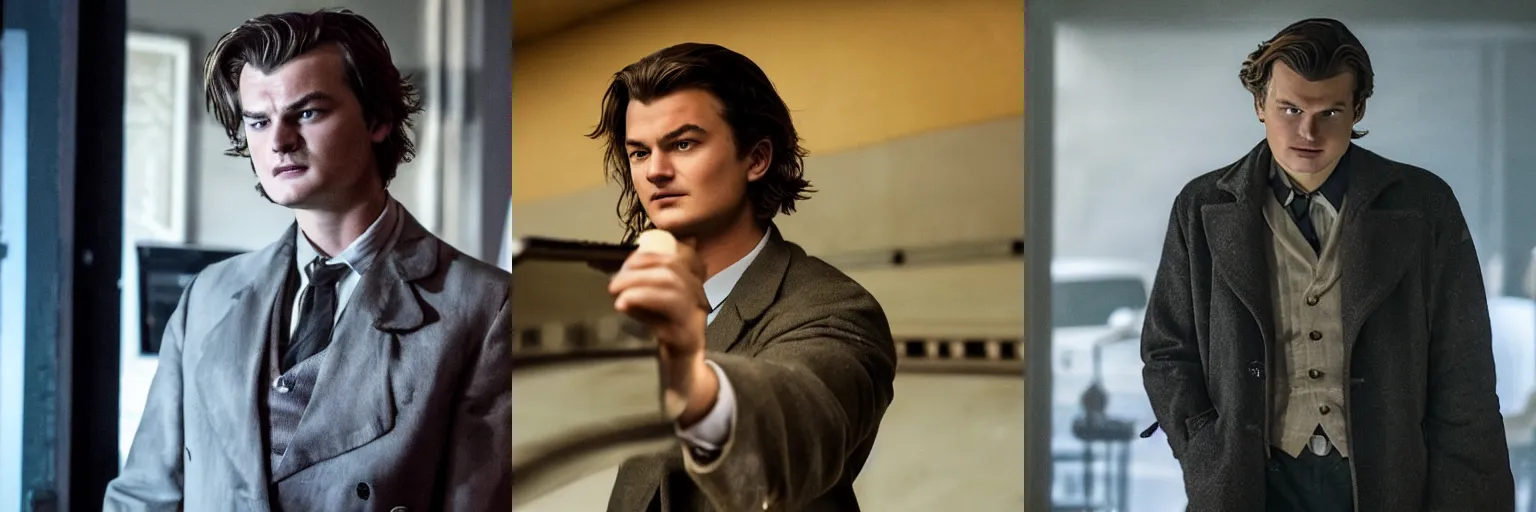 Prompt: close - up of joe keery as a detective in a movie directed by christopher nolan, movie still frame, promotional image, imax 7 0 mm footage
