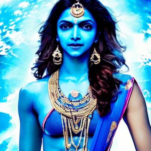 Image similar to extremely beautiful deepika padukone as a blue - skinned indian goddess with six arms, symmetric, aesthetic!!!, cosplay, studio lighting, beautiful symmetric face, clean composition, highly symmetric body parts, gazing eyes, blue skin, blue body paint