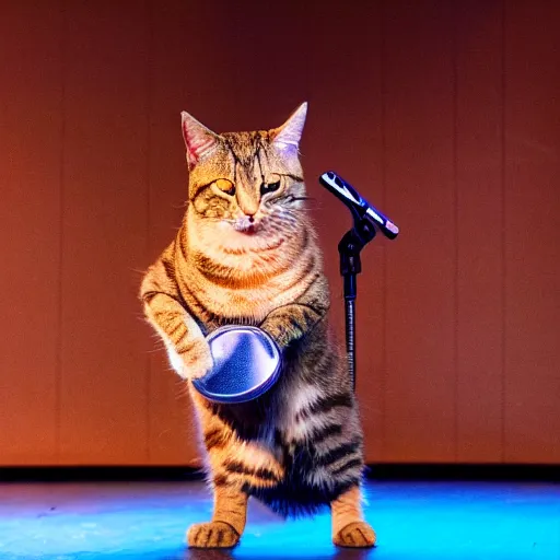 Prompt: a cat holding a mic singing on stage in Broadway, theater, photo