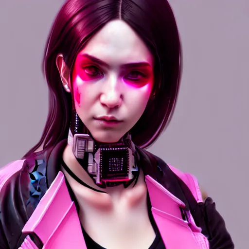 Prompt: female cyberpunk in pink and black, very detailed, realistic face, detailed face, matte, tonemapping, bbwchan, perfection, 4 k, cushart krenz