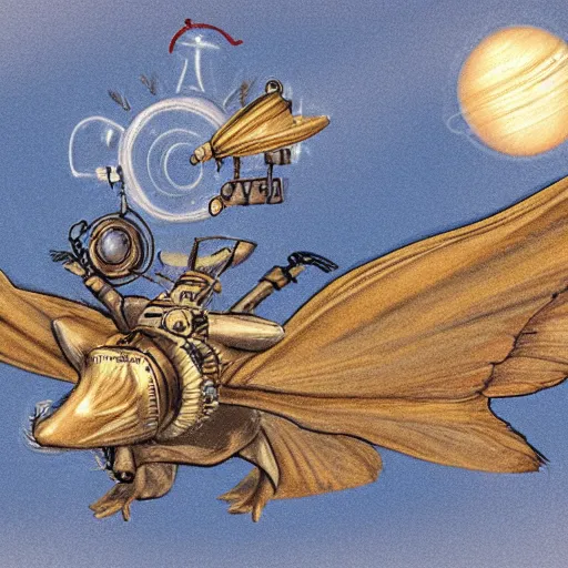 Image similar to a mouse wearing steampunk wings flying through Jupiter, fantasy illustration