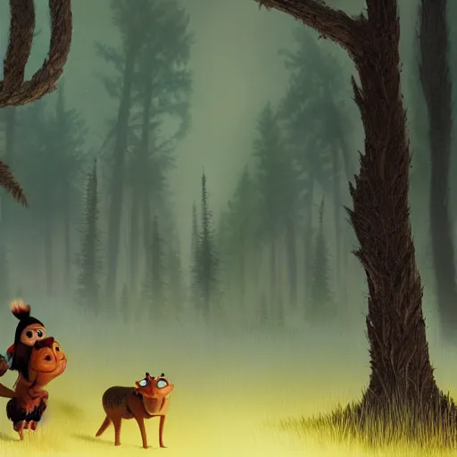 Image similar to medium shot native american, in a dark forest, mysterious, backlit, still from a pixar dreamworks movie, trending on artstation