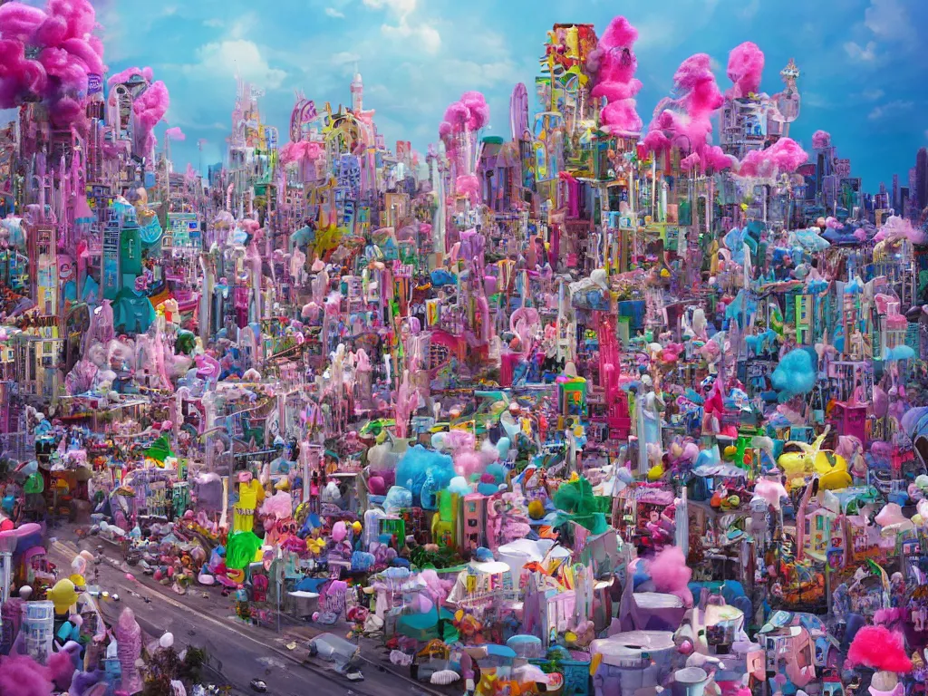 Image similar to an urban landscape where the buildings are made of candies, cotton candy, marshmallow and sweets, david lachapelle, alice in wonderland, trending on artstation,