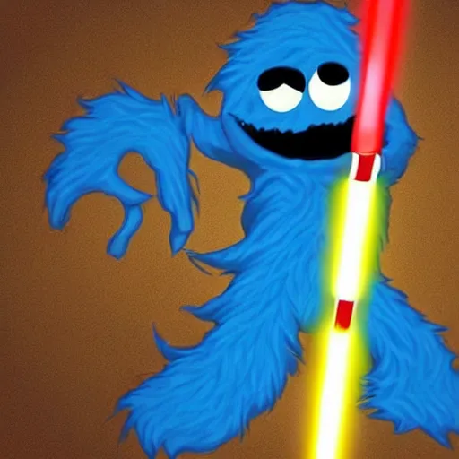 Prompt: angry cookie monster holding a lightsaber, epic anime style.