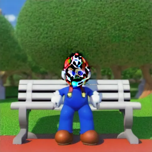 Image similar to 3 d photo of super mario, sitting on a bench with a park behind him, bokeh, shader, anime art style, highly detailed, cel - shaded, colorful, animated, trending