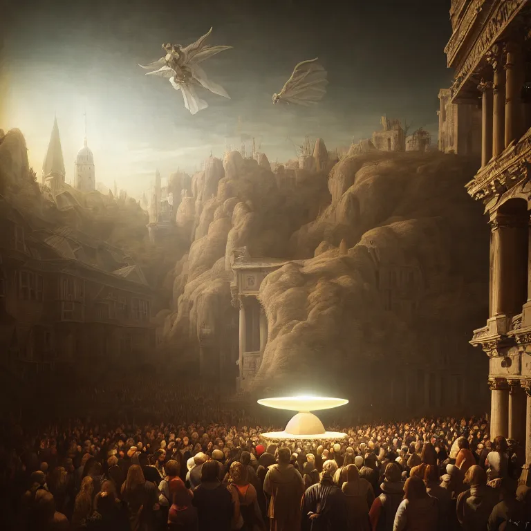 Image similar to crowd of medieval people surrounding UFO flying saucer, dream-like atmosphere, baroque painting, beautiful detailed intricate insanely detailed octane render trending on Artstation, 8K artistic photography, photorealistic, soft natural volumetric cinematic light, chiaroscuro, award-winning photograph, masterpiece, Raphael, Caravaggio, Greg Rutkowski, Beeple