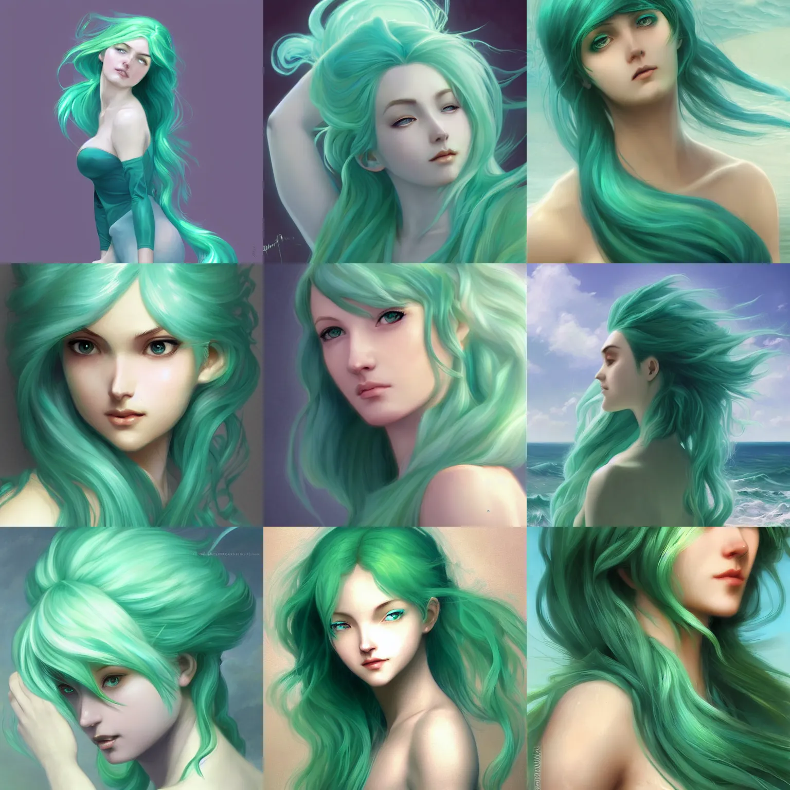 Prompt: nami long sea foam green hair, digital art from artstation by artgerm and william adolphe bouguereau