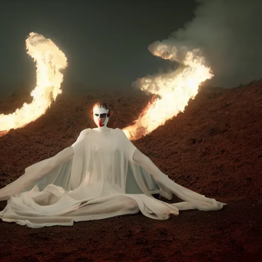 Image similar to The full body shot of beautiful pale woman with white flowers and full-face golden mask inside a thick black smoke in rocky desert landscape, glowing eyes everywhere, burning earth by Gaspar Noe and Christopher Doyle, anamorphic lens, anamorphic lens flares, kodakchrome, cinematic composition, practical effects, award winning photo, 8k