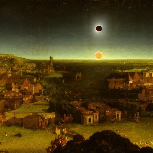 Image similar to dark solar eclipse, above a village, highly detailed, studio 4 k quality, by arnold bocklin