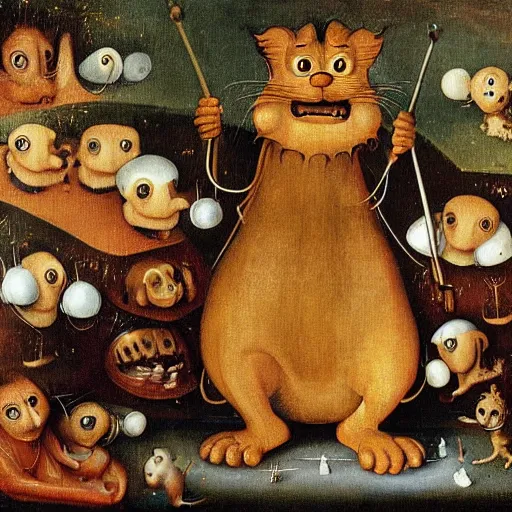 Prompt: garfield in the style of hieronymus bosch.