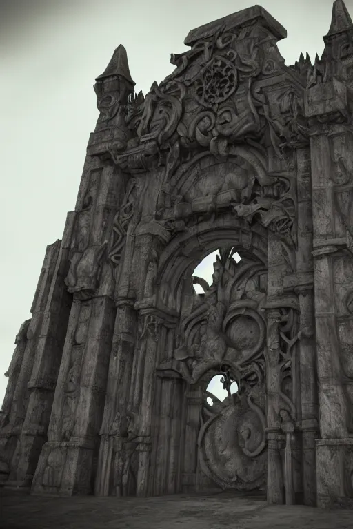 Prompt: a portal gate to hell. hyper - detailed. cast iron. ominous shapes. epic. sinister. medieval. hyper - realistic. octane render