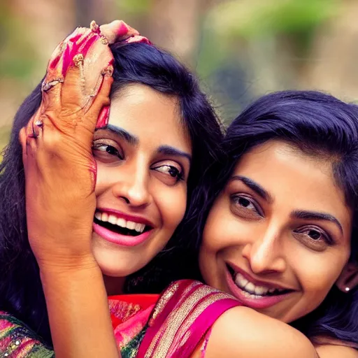 Image similar to unbelievably beautiful, perfect, dynamic, epic, cinematic 8K HD movie shot of two semi-close-up Indian women beautiful expressing joy and posing together. By oscar winning director. Motion, VFX, Inspirational arthouse, high budget, hollywood style, at Behance, at Netflix, with Instagram filters, Photoshop, Adobe Lightroom, Adobe After Effects, taken with polaroid kodak portra