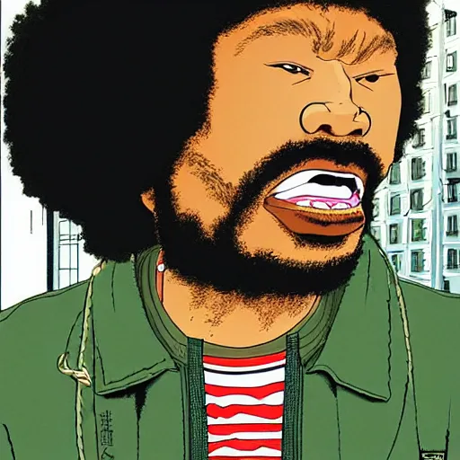 Image similar to illustration by katsuhiro otomo, black man with afro hair, raspy beard stubble, wearing an adidas army green jacket, in the streets of tokyo, akira style, by katsuhiro otomo