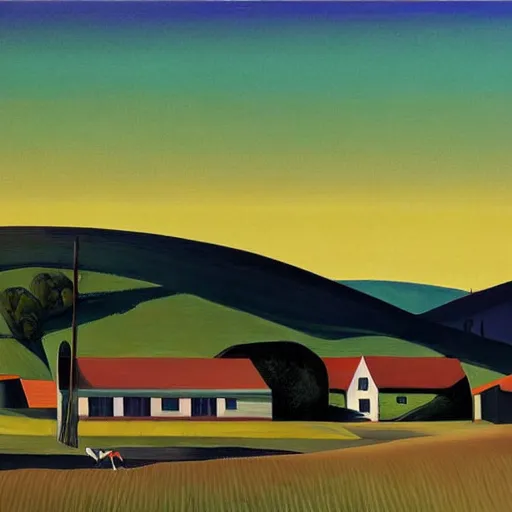 Image similar to dreaming futuristic rural landscape with modern houses, painted by Alex Katz and Edward Hopper, airbrush, highly detailed