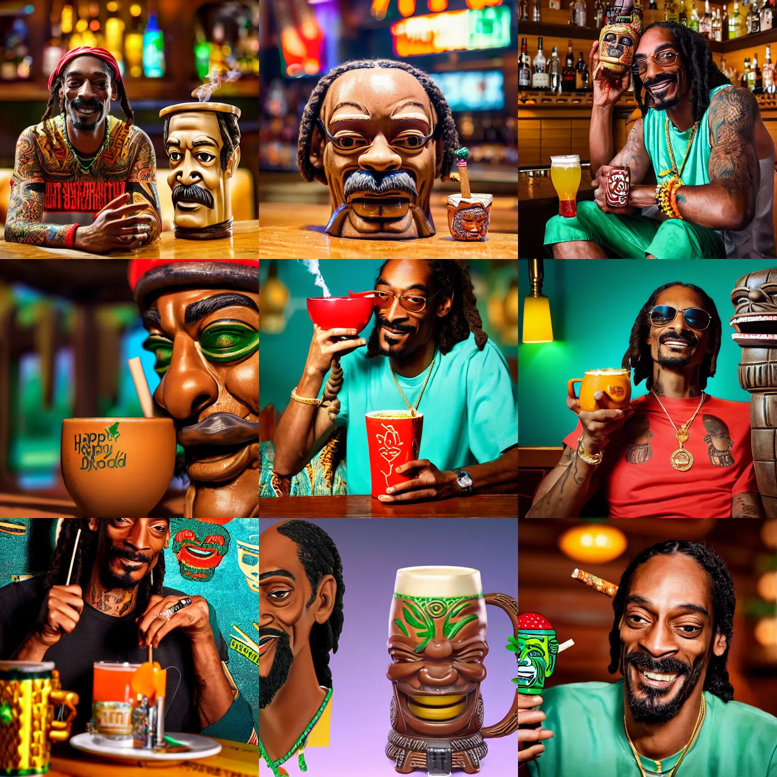 Image similar to a closeup photorealistic photograph of happy blunt smoking snoop dogg at trader vic's bar sitting next to a trader vic's style tiki mug featuring the face of snoop dogg. tiki culture. bright scene. 4 k hd image that's trending on artstation, featured on behance, well rendered, extra crisp, features epic composition and the style of unreal engine.