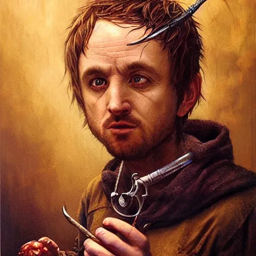 Image similar to Jesse Pinkman as a Hobbit smoking a pipe by Esao Andrews and Karol Bak and Zdzislaw Beksinski