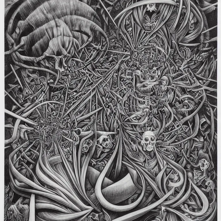 Image similar to meditation on death by Alex Grey and M. C. Escher collaboration