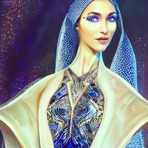 Image similar to a beautiful arabian woman wearing a futuristic dress by alexander mcqueen, thom browne, karol bak, ayami kojima, artgerm, arabian beauty, blue eyes, smile, futuristic, organic dress, pattern, concept art, fantasy