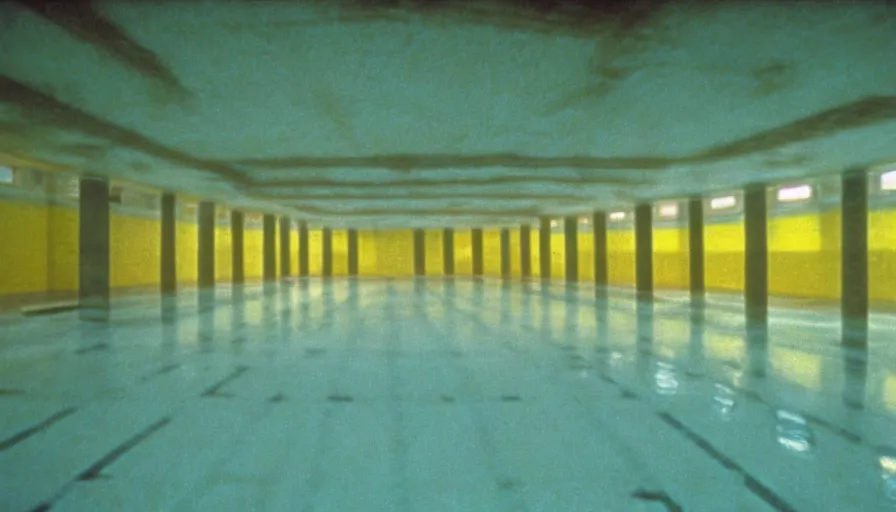 Prompt: movie still by andrei tarkovsky of an empty municipal swimmingpool with yellow tiles with light blue tiles, high quality, high detail, liminal space style