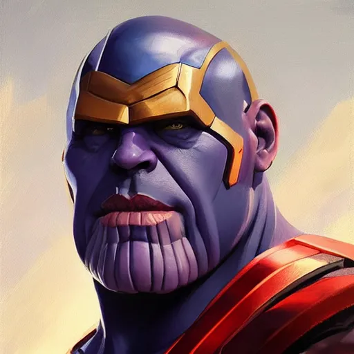 Image similar to greg manchess portrait painting of thanos as overwatch character, medium shot, asymmetrical, profile picture, organic painting, sunny day, matte painting, bold shapes, hard edges, street art, trending on artstation, by huang guangjian and gil elvgren and sachin teng