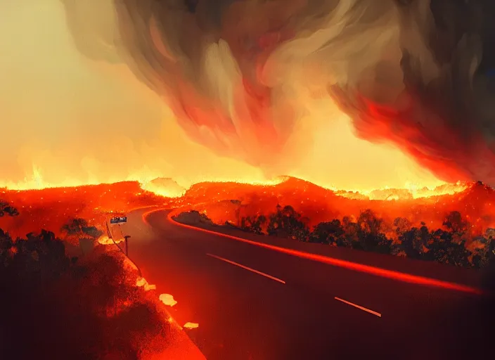 Image similar to beautiful and terrible fires of los angeles, atmoshperic, sharp focus, dark road, ghotic, huge lips, trending on artstation, intricate details