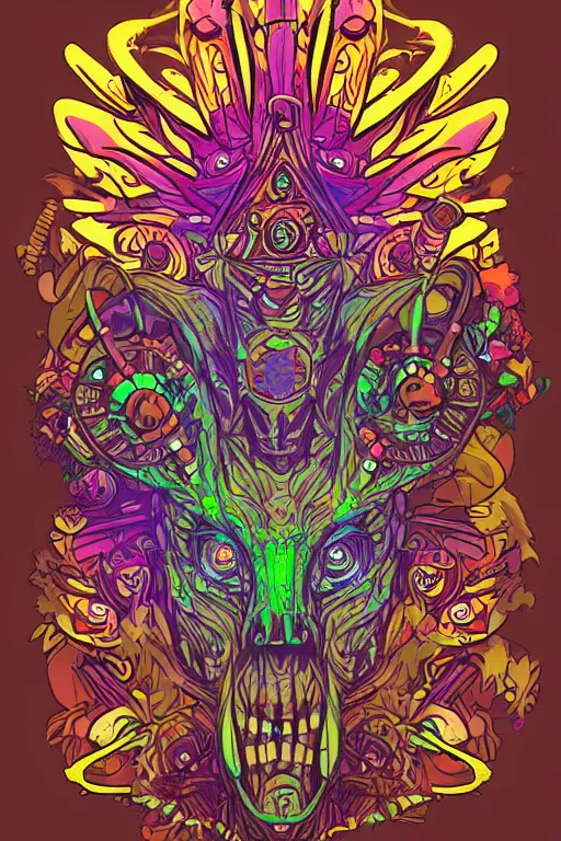 Image similar to animal mask totem roots flower tribal feather gemstone plant wood rock shaman vodoo video game vector cutout illustration vivid multicolor borderlands comics by josan gonzales and dan mumford radiating a glowing aura