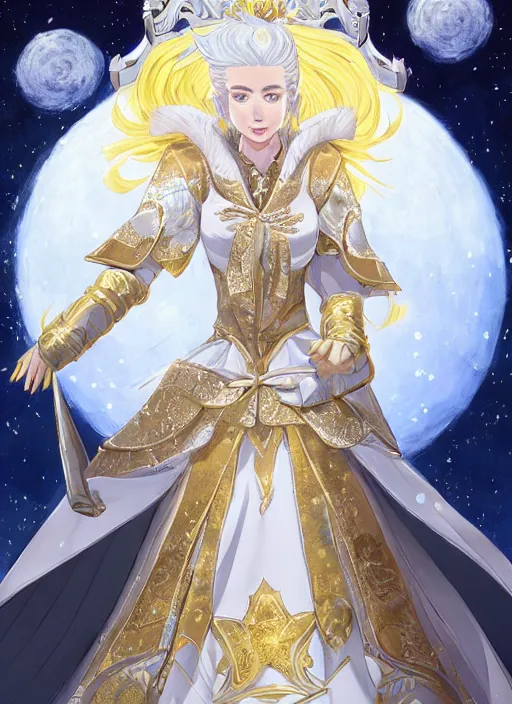 Prompt: commissioned full body portrait of a female anthro wolf princess fursona with white hair wearing a white and gold Chinese armored dress in a white and gold palace on a starry night with a large crescent moon, by a professional manga illustrator, Stanley Artgerm Lau, WLOP, Rossdraws, James Jean, Andrei Riabovitchev, Marc Simonetti, and Sakimichan, trending on artstation