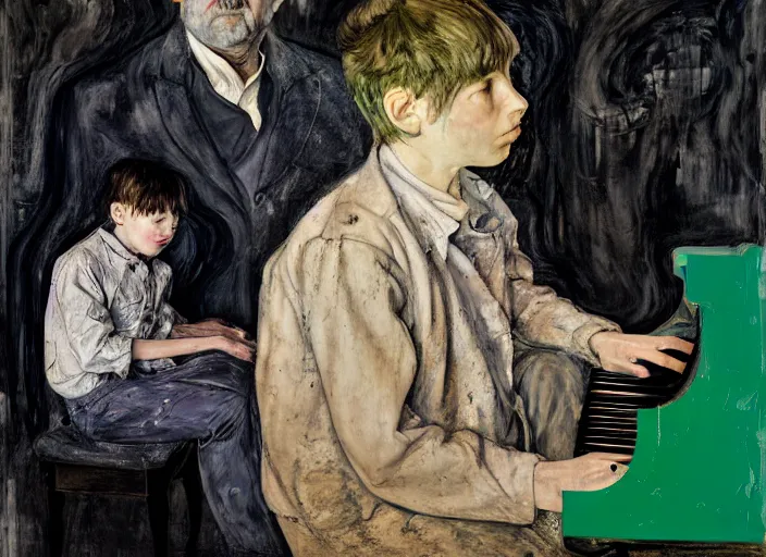 Prompt: front portrait of a child piano player, vincent lefevre and hernan bas and pat steir and hilma af klint, psychological, photorealistic, dripping paint, washy brush, rendered in octane, altermodern, masterpiece