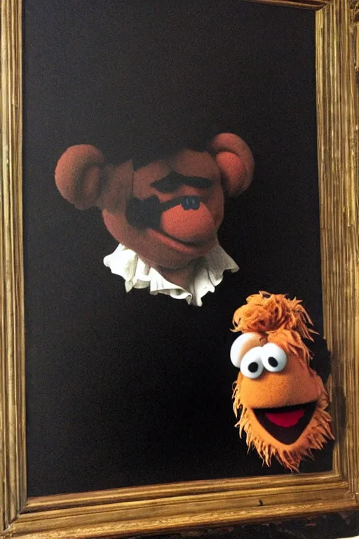 Prompt: a muppet painted by Caravaggio, dark black background