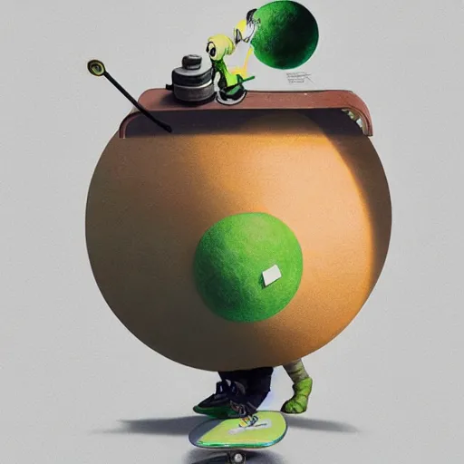 Image similar to highly detailed vfx character of a skateboarding tennis ball monster, skateboard stephen bliss, chalk, unrealengine, greg rutkowski, loish, rhads, beeple, chalk, makoto shinkai and lois van baarle, ilya kuvshinov, rossdraws, tom bagshaw, basil gogos