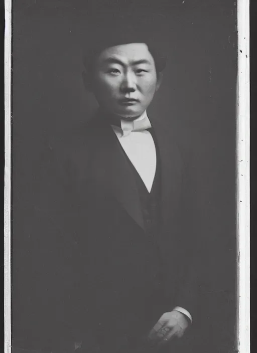 Image similar to a clear black and white photograph of Wu Ningkun, wearing a black suit, front portrait, face brightly lit and highlighted, high contrast, daguerreotype, by Nadar